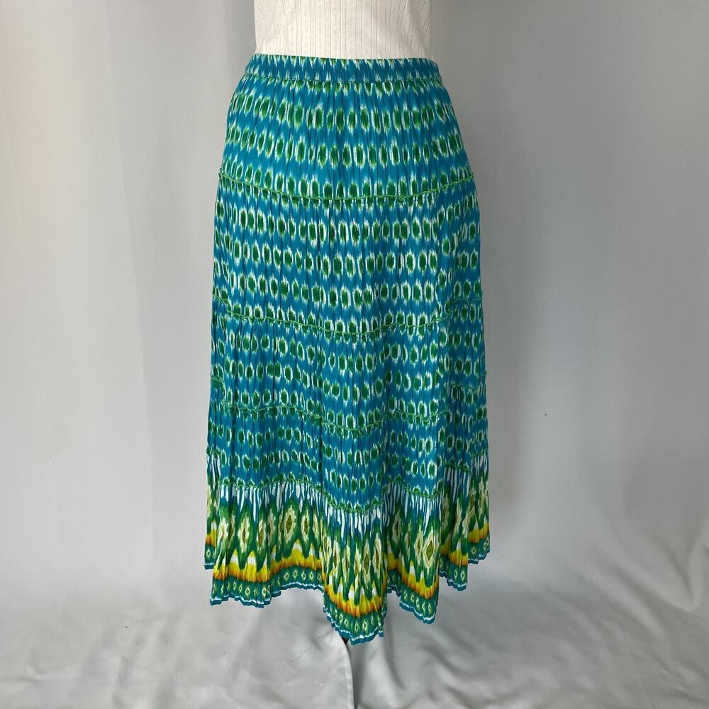 Tiered Maxi Skirt Size Medium Blue Green Boho Print Broomstick Hippie Fairy Y2K